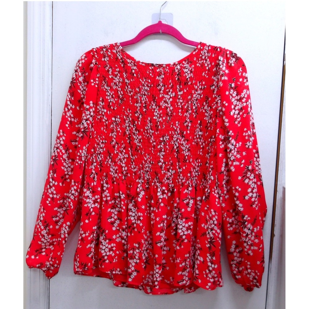 Scoop Red Floral Smocked Peplum Blouse Long Sleeve Square Neck Top/ #26795
